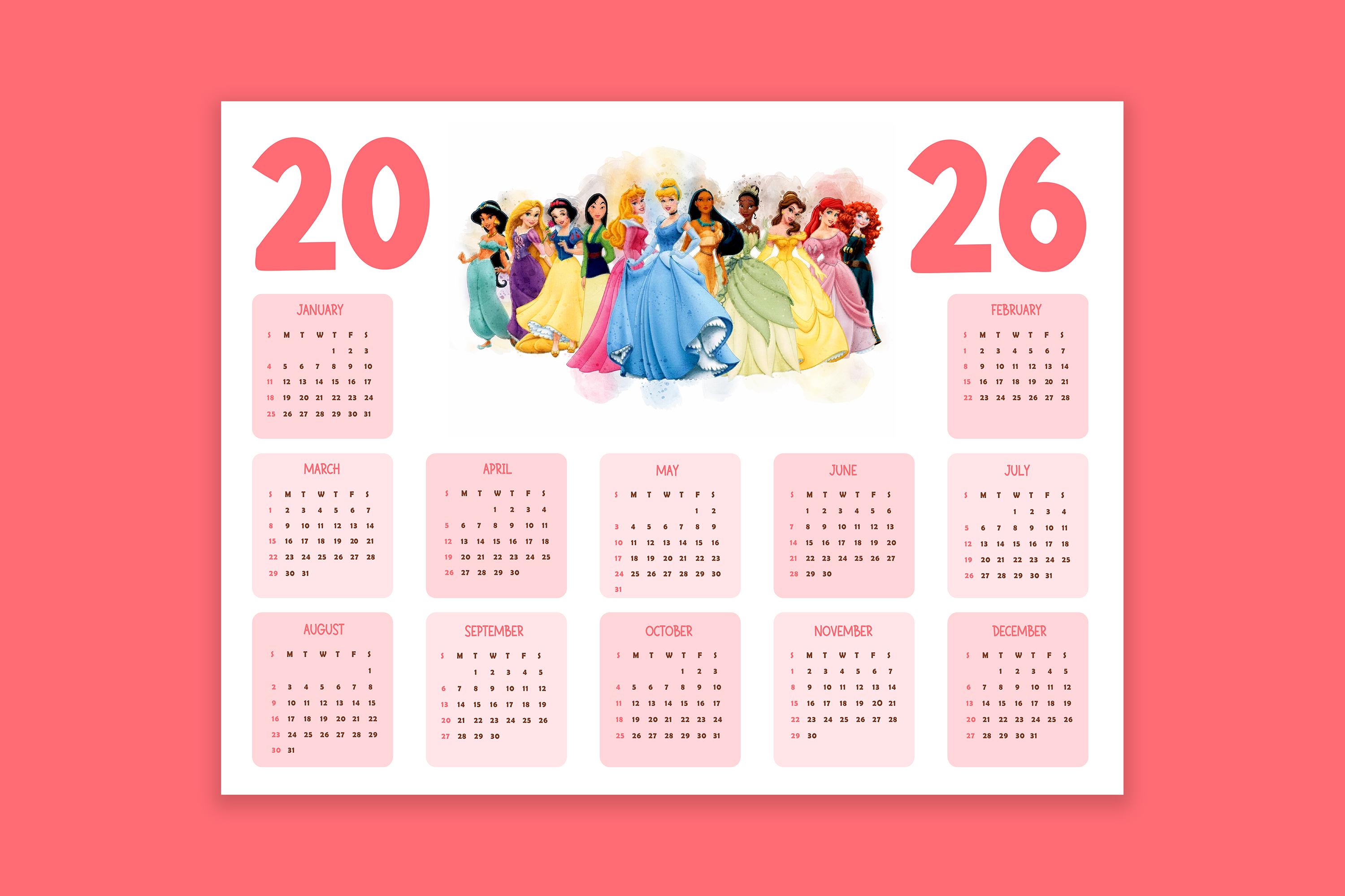 2026 Princess Calendar, 2026 Calendar for Kids Room, Printable Kids ...
