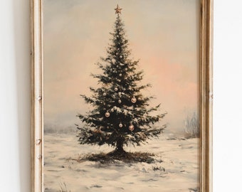 Winter Christmas Tree Art | Vintage Oil Painting Print | Holiday Printable Wall Art