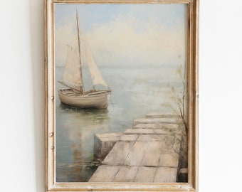 Vintage Segelboot Dock Druck | Maritimes Ölgemälde - Digitaler Download