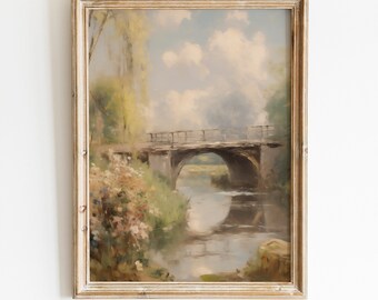 Vintage Bridge Over Water Oil Painting Print | Serene Spring Landscape (Digital Download)