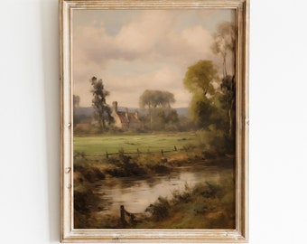 Obraz olejny „Vintage House Stream” | Sztuka ścienna „Farmhouse Landscape” (do pobrania cyfrowego)