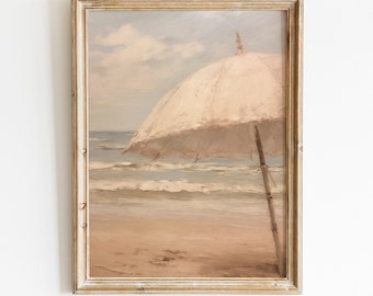 Impresión de pintura al óleo de sombrilla de playa vintage / Arte mural de paisaje costero (Descarga digital)