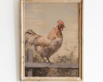 Impresión de pintura al óleo de gallo / Arte de pared vintage para cocina de granja (Descarga digital)