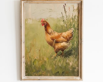 Vintage Chicken Oil Painting Print | Rustic Farmhouse Wall Art (Digital Download)