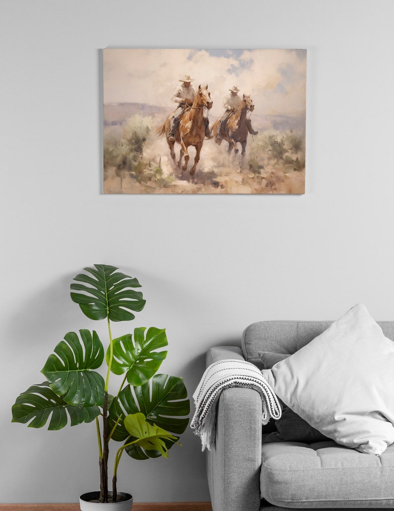 Cowboy Horse Riding Southwest Oil Painting Print | Vintage Western Wall ...