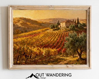 Tuscan Vineyard Oil Painting Print, Autumn Landscape Wall Art, Old Masters Style (Digital Download)