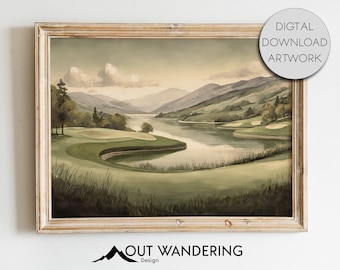 May include: A watercolor painting of a golf course with a lake in the background. The painting is framed in a light wood frame.