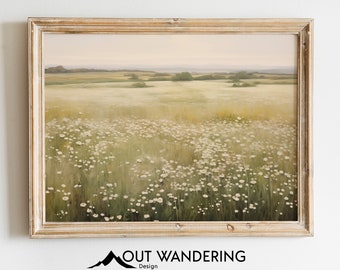 Vintage Spring Flower Meadow Oil Painting Print | Countryside Landscape Wall Art (Digital Download)