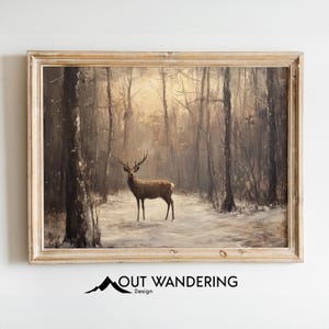 Winter Reindeer Forest Landscape Art Oil Painting | Snow Sunset Season Wall Art | Holiday Seasonal Room Decor | Downloadable Print