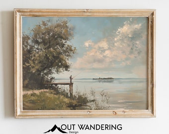 Vintage Fisherman Oil Painting Print | Rustic Lake House Decor (Digital Download)