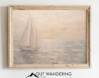 Vintage Sailboat Oil Painting Print | Muted Seascape Nautical Wall Art (Digital Download)