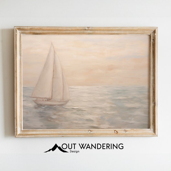 Vintage Style Muted Sailboat Print | Nautical Oil Painting | Neutral Seascape Printable Wall Decor