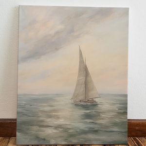 Vintage Style Muted Sailboat Ocean Print | Nautical Oil Painting | Antique Neutral Seascape Printable Wall Decor Download