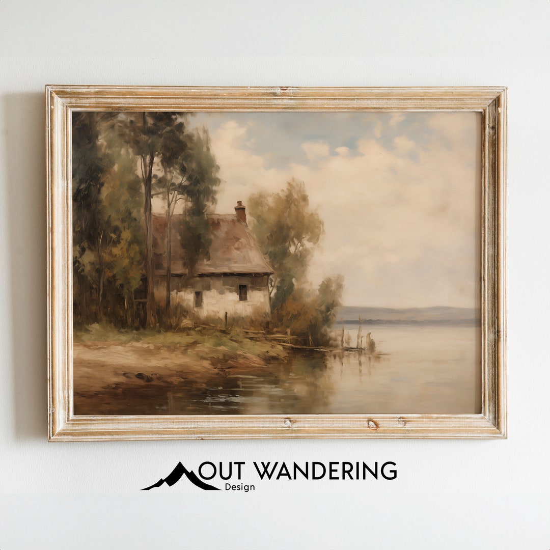 Vintage Style Rustic Cottage on a Lake | Vintage Oil Painting Print ...