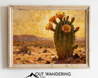 Blooming Cactus Oil Painting Print: Vintage Desert Wall Art (Digital Download)