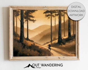 Vintage Radfahren Kunstdruck | Berg Weg Sonnenuntergang Ölgemälde (Digital Download)