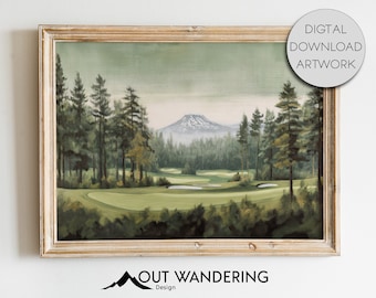 Golf Course PNW Mountain Vintage Oil Painting Print (Digital Download)