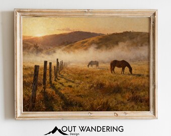 Pastoral Horses Dawn Print, Hudson River School Style, Farmhouse Landscape (Digital Download)
