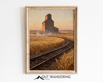 Vintage Grain Elevator Print, Prairie Oil Painting, Farmhouse Wheat Field Art (Digital Download)