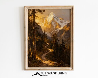 Alpine Trail Oil Painting Print, Snow Capped Peaks Wilderness Landscape (Digital Download)