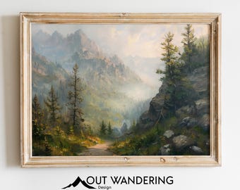 Rocky Mountain Trail Oil Painting Print | Vintage Landscape Wall Art (Digital Download)