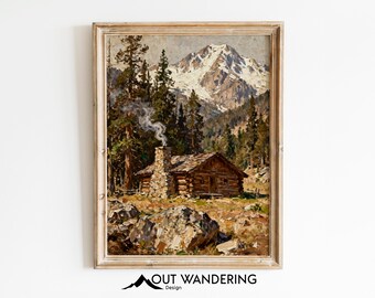 Mountain Cabin Oil Painting Print | Rustic Log Cabin Wilderness Landscape (Digital Download)