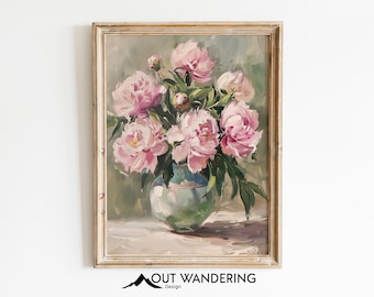 Pink Peonies Vintage Oil Painting | Floral Still Life Art (Digital Download)
