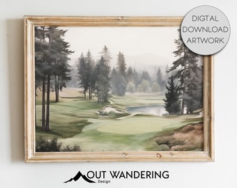 May include: A digital painting of a golf course with trees in the background. The course is green and the trees are a muted green and brown. The sky is a light gray and there is a hint of fog in the air.