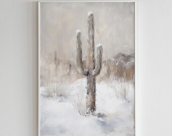 Winter Saguaro Cactus Oil Painting Print | Desert Landscape Wall Art (Digital Download)