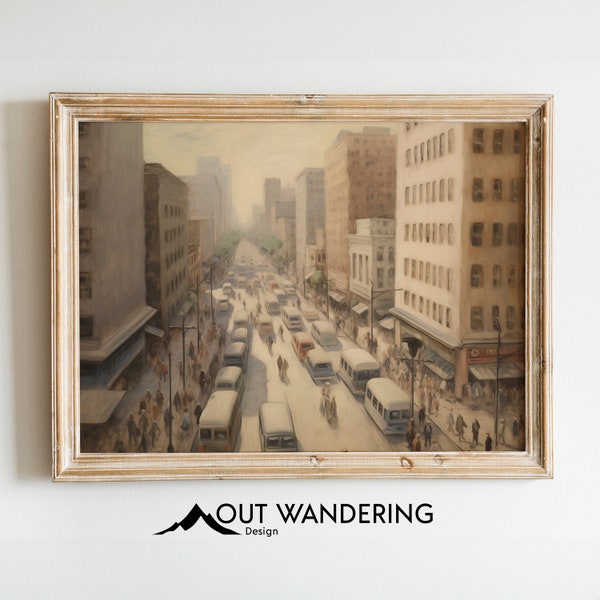 Vintage Style Rustic City Print | Busy Town Corner Oil Painting | Printable Wall Decor