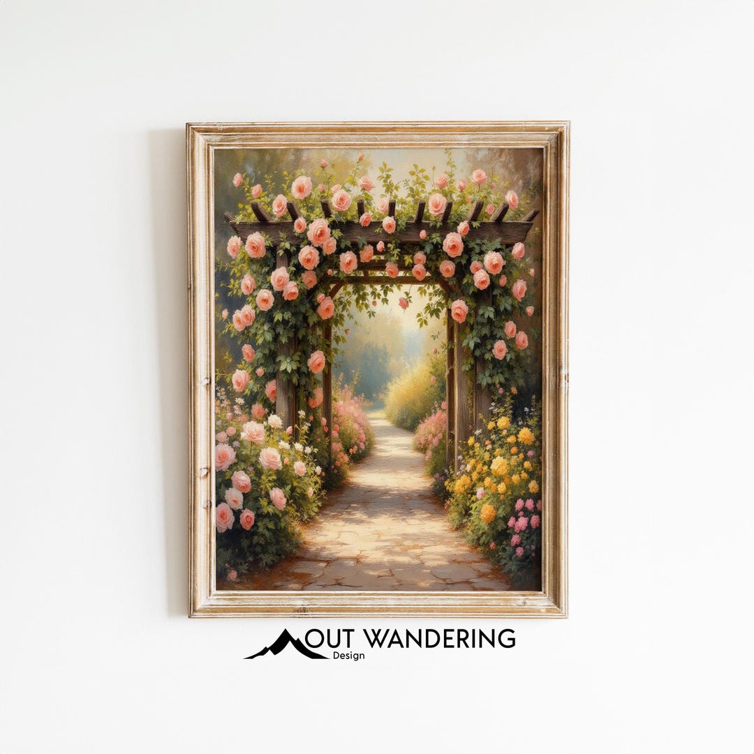 Vintage English Garden Oil Painting Print | Romantic Rose Arbor Cottage ...
