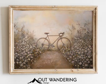 Vintage Rennrad Blumenfeld Kunstdruck | Rustikales Ölbild als Wanddekoration (Digitaler Download)