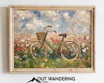 Vintage Fahrrad Blumenfeld Poster | Rustikale Ölgemälde Wandkunst (Digitaler Download)