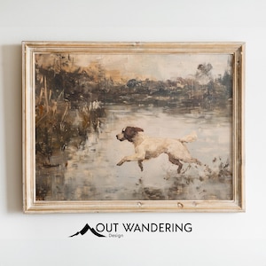 Dog Running In Water Vintage Style Wall Art Print | Impressionistic Animal Oil Painting | Printable Wall Decor for Modern Farmhouse