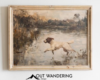 Vintage Dog Running Water Oil Painting Print | Impressionistic Animal Wall Art (Digital Download)