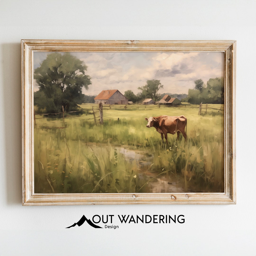 Vintage Style Farm Landscape Wall Art Print | Barn Cow Near a Stream ...