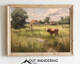 Scena di paesaggio agricolo in stile vintage / Stampa di pittura a olio vintage / Arte murale stampabile in stile fattoria