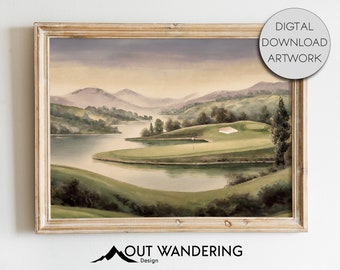 May include: A watercolor painting of a golf course with a lake and mountains in the background. The sky is a soft purple and the water is a light blue. The golf course is green and the mountains are purple.