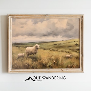 Vintage Style Farm Wall Art Print | Sheep Lamb Grass Field Painting | Printable Wall Decor for Modern Farmhouse