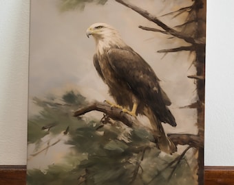 May include: A painting of a bald eagle perched on a branch of a tree. The eagle has white feathers on its head and neck, and brown feathers on its body. The background is a soft, muted green and brown.
