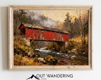 Red Covered Bridge Oil Painting Print | Misty Forest Landscape Wall Art (Digital Download)