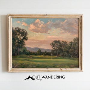 Golf Course Green With Mountains and Trees Vintage Painting | Fathers Day Idea | Downloadable Print Oil Painting