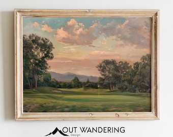 Vintage Golf Course Oil Painting Print | Mountains, Trees, Greenery (Digital Download)