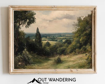 Vintage landschapsolieverfschilderij | Weelderige groene heuvels (digitale download)