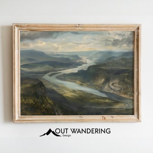 Impression d'art mural montagnes River Gorge | Peinture à l'huile inspirée du fleuve Columbia | Décoration imprimable Oregon Washington PNW
