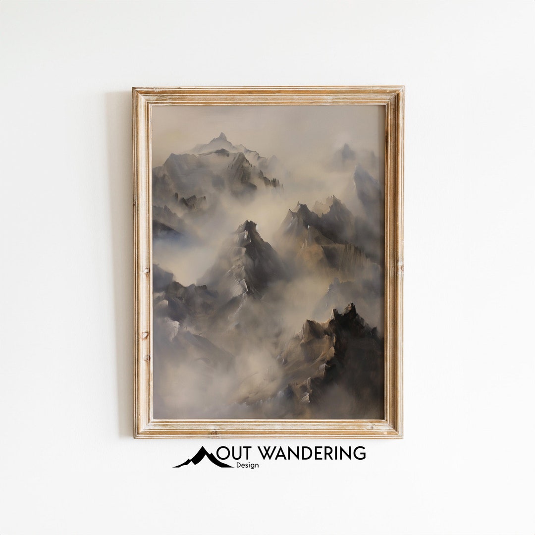 Misty Mountain Peaks Oil Painting Print | Vintage Landscape Wall Art ...