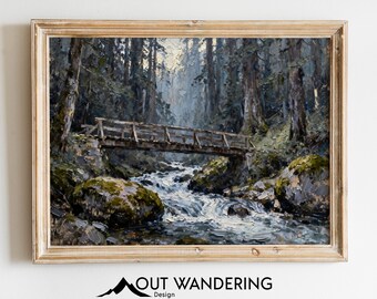 Impasto Oil Painting Forest Bridge Print | Moody Woodland Creek Landscape (Digital Download)
