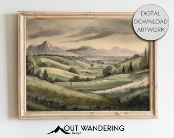 Golf Course Rolling Hills Vintage Painting | Fathers Day Idea | Downloadable Print Oil Painting