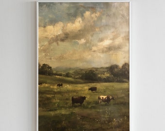 May include: A painting of a green field with cows grazing under a cloudy sky. The sky is a mix of blue, white, and gray. The cows are black and white.