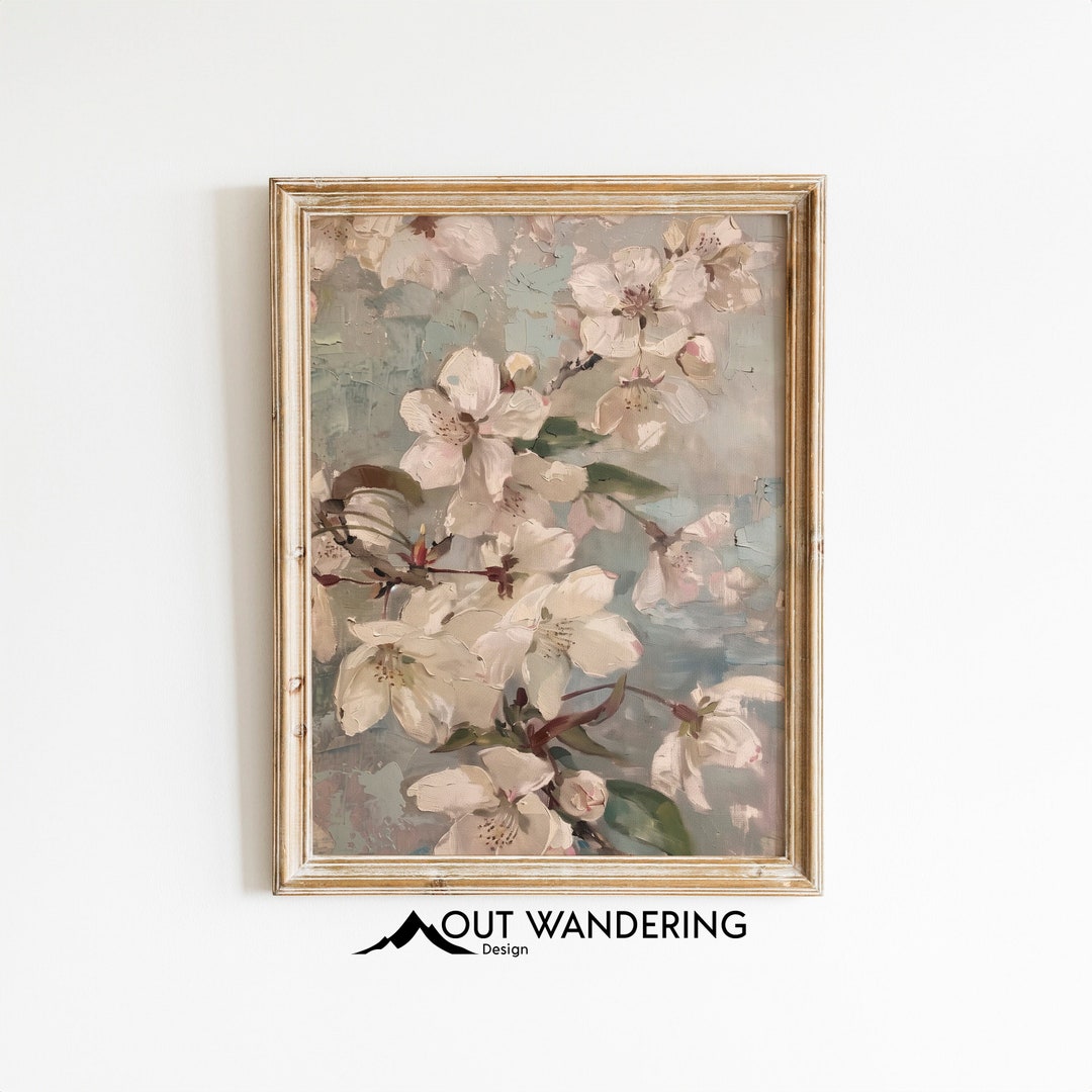 Vintage Cherry Blossom Oil Painting Print | Botanical Spring Wall Art ...